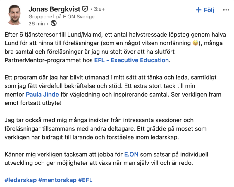 Printscreen på en deltagares inlägg på linkedIn där han veskriver sina upplevelser av EFL:s Partner mentorprogram